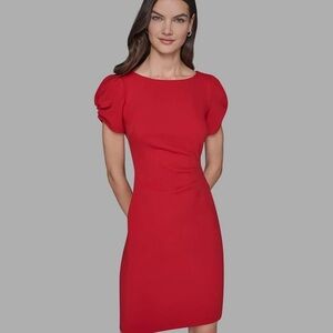 Karl Lagerfeld Paris | Red Ruched Sheath Dress Boat Neck Short Sleeve | Size 2